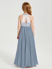 Long Chiffon Bridesmaid Dresses Lace Top Dusty Blue