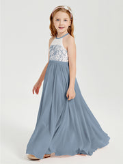 Long Chiffon Bridesmaid Dresses Lace Top Dusty Blue