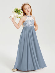 Long Chiffon Bridesmaid Dresses Lace Top Dusty Blue