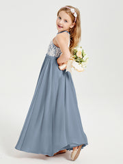 Long Chiffon Bridesmaid Dresses Lace Top Dusty Blue