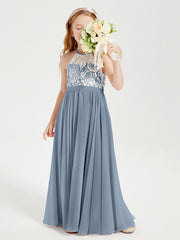 Long Chiffon Bridesmaid Dresses Lace Top Dusty Blue