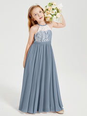 Long Chiffon Bridesmaid Dresses Lace Top Dusty Blue