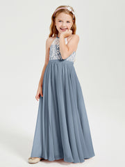 Long Chiffon Bridesmaid Dresses Lace Top Dusty Blue