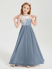 Long Chiffon Bridesmaid Dresses Lace Top Dusty Blue