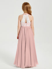 Long Chiffon Bridesmaid Dresses Lace Top Dusty Rose