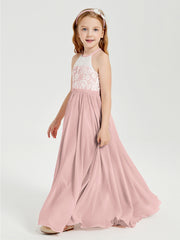 Long Chiffon Bridesmaid Dresses Lace Top Dusty Rose