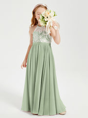 Long Chiffon Bridesmaid Dresses Lace Top Dusty Sage