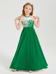 Long Chiffon Bridesmaid Dresses Lace Top Emerald