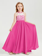 Long Chiffon Bridesmaid Dresses Lace Top Fuchsia