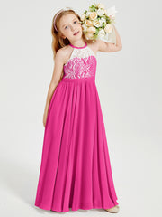 Long Chiffon Bridesmaid Dresses Lace Top Fuchsia