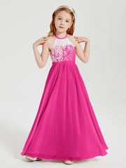 Long Chiffon Bridesmaid Dresses Lace Top Fuchsia