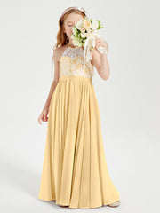 Long Chiffon Bridesmaid Dresses Lace Top Gold