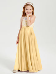 Long Chiffon Bridesmaid Dresses Lace Top Gold