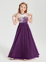 Long Chiffon Bridesmaid Dresses Lace Top Grape