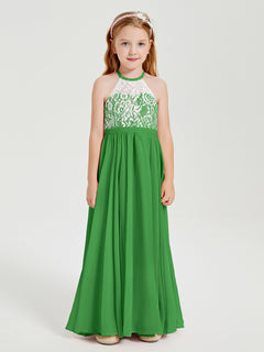 Long Chiffon Bridesmaid Dresses Lace Top Green