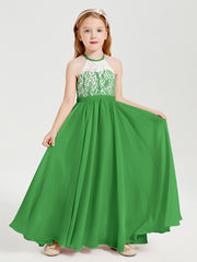 Long Chiffon Bridesmaid Dresses Lace Top Green