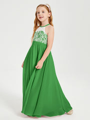 Long Chiffon Bridesmaid Dresses Lace Top Green
