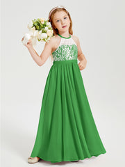Long Chiffon Bridesmaid Dresses Lace Top Green