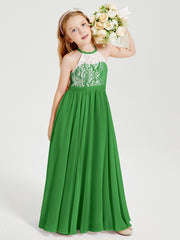 Long Chiffon Bridesmaid Dresses Lace Top Green