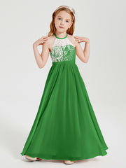 Long Chiffon Bridesmaid Dresses Lace Top Green