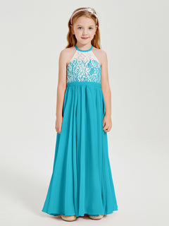 Long Chiffon Bridesmaid Dresses Lace Top Jade