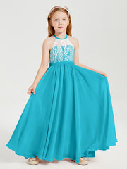 Long Chiffon Bridesmaid Dresses Lace Top Jade