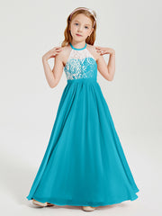 Long Chiffon Bridesmaid Dresses Lace Top Jade