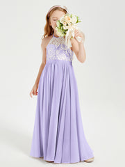 Long Chiffon Bridesmaid Dresses Lace Top Lilac