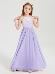 Long Chiffon Bridesmaid Dresses Lace Top Lilac
