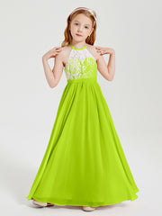 Long Chiffon Bridesmaid Dresses Lace Top Lime Green