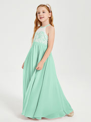 Long Chiffon Bridesmaid Dresses Lace Top Mint Green