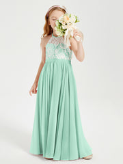 Long Chiffon Bridesmaid Dresses Lace Top Mint Green