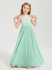 Long Chiffon Bridesmaid Dresses Lace Top Mint Green
