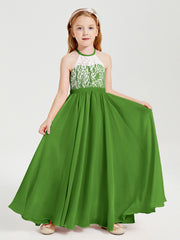Long Chiffon Bridesmaid Dresses Lace Top Moss