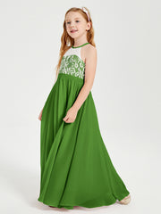 Long Chiffon Bridesmaid Dresses Lace Top Moss