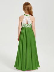 Long Chiffon Bridesmaid Dresses Lace Top Moss