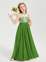 Long Chiffon Bridesmaid Dresses Lace Top Moss