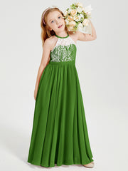 Long Chiffon Bridesmaid Dresses Lace Top Moss