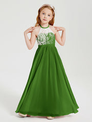 Long Chiffon Bridesmaid Dresses Lace Top Moss