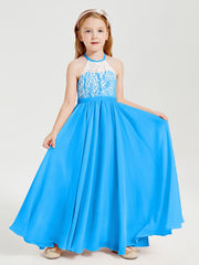 Long Chiffon Bridesmaid Dresses Lace Top Ocean Blue