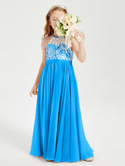 Long Chiffon Bridesmaid Dresses Lace Top Ocean Blue