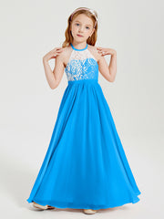 Long Chiffon Bridesmaid Dresses Lace Top Ocean Blue