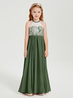 Long Chiffon Bridesmaid Dresses Lace Top Olive Green