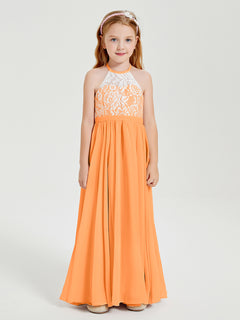 Long Chiffon Bridesmaid Dresses Lace Top Orange