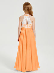 Long Chiffon Bridesmaid Dresses Lace Top Orange