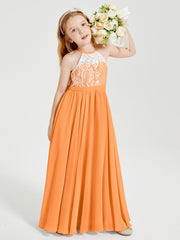 Long Chiffon Bridesmaid Dresses Lace Top Orange
