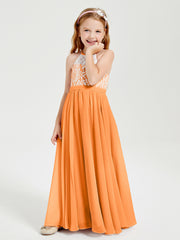 Long Chiffon Bridesmaid Dresses Lace Top Orange
