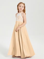 Long Chiffon Bridesmaid Dresses Lace Top Peach