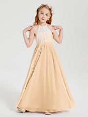 Long Chiffon Bridesmaid Dresses Lace Top Peach