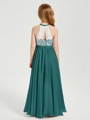 Long Chiffon Bridesmaid Dresses Lace Top Peacock